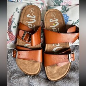 👡 Brown Double Buckle Slide Sandals Comfort Cork Footbed Size 5